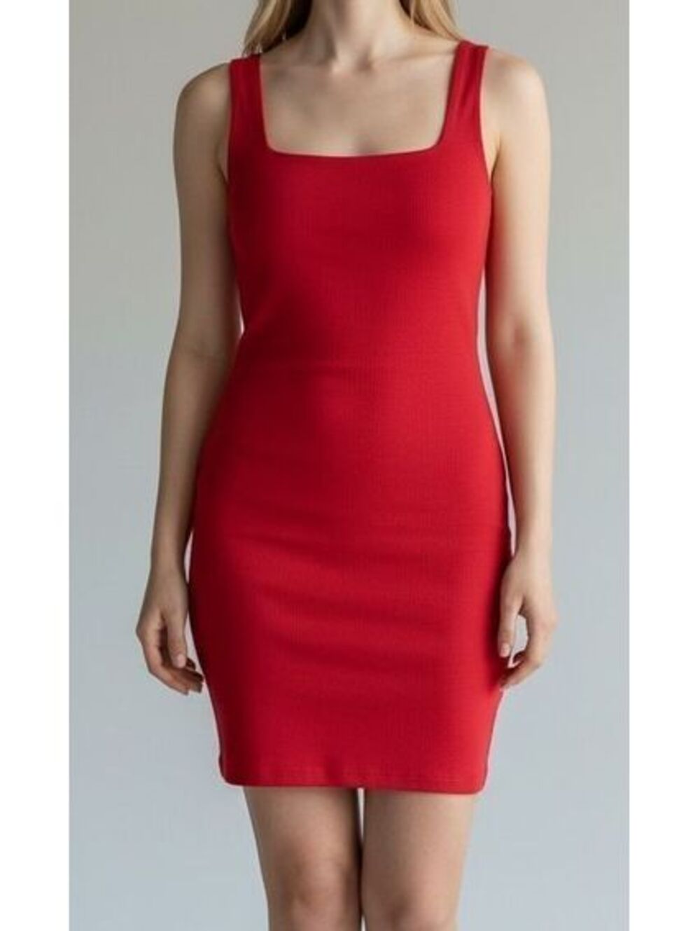 Red Ribbed Sleeveless Bodycon Dress with Square Neckline, Size Approx. Medium